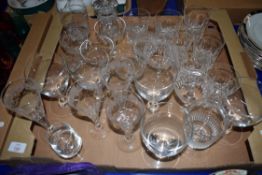 COLLECTION OF CLEAR CUT DRINKING GLASSES TO INCLUDE TUMBLERS, WINE GLASSES, RUMMERS ETC