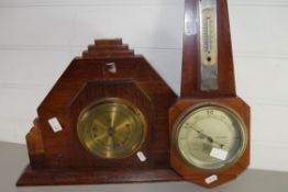 EARLY 20TH CENTURY ANEROID BAROMETER IN OAK WALL MOUNTING FRAME, TOGETHER WITH ANOTHER ANEROID