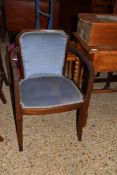 EARLY 20TH CENTURY MAHOGANY FRAMED CHAIR WITH BLUE UPHOLSTERY,