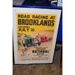 FRAMED ADVERTISING PRINT "ROAD RACING AT BROOKLANDS WEYBRIDGE", 51CM WIDE