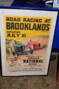 FRAMED ADVERTISING PRINT "ROAD RACING AT BROOKLANDS WEYBRIDGE", 51CM WIDE