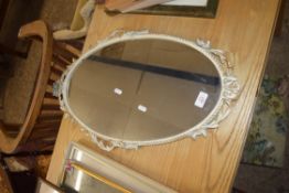 20TH CENTURY OVAL WALL MIRROR IN PAINTED METAL FOLIATE FRAME, 66CM