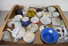 ONE BOX MIXED CERAMICS AND GLASS WARES TO INCLUDE BLUE AND WHITE FEEDING CUP, POOLE POTTERY JUG, EGG
