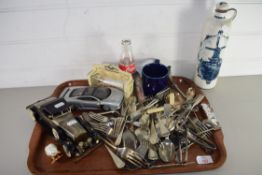 TRAY OF MIXED ITEMS TO INCLUDE VARIOUS SILVER PLATED CUTLERY, MODEL VEHICLES, MODERN DELFT SPIRIT