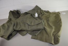 PAIR OF VINTAGE MILITARY ISSUE GREEN SHORTS AND FURTHER SIMILAR TROUSERS