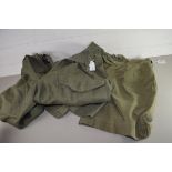 PAIR OF VINTAGE MILITARY ISSUE GREEN SHORTS AND FURTHER SIMILAR TROUSERS