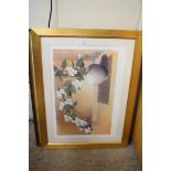 FOUR VARIOUS FRAMED PRINTS AND A FURTHER PICTURE FRAME, LARGEST PIECE 80CM WIDE