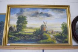 20TH CENTURY BRITISH SCHOOL STUDY OF RURAL SCENE WITH WINDMILL, OIL ON BOARD, GILT FRAMED, 96CM