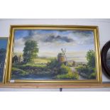 20TH CENTURY BRITISH SCHOOL STUDY OF RURAL SCENE WITH WINDMILL, OIL ON BOARD, GILT FRAMED, 96CM