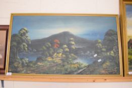 20TH CENTURY FAR EASTERN SCHOOL STUDY OF RURAL SCENE WITH DISTANT MOUNTAIN, FRAMED, 88CM WIDE