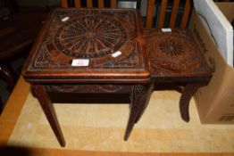 TWO SMALL CARVED OAK OCCASIONAL TABLES, ONE BEARING INSCRIPTION TO UNDERSIDE, MARKED "RELIC OF OLD
