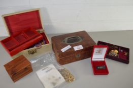 SMALL BROWN LEATHER COVERED JEWELLERY CASE AND A FURTHER CREAM JEWELLERY CASE CONTAINING MIXED