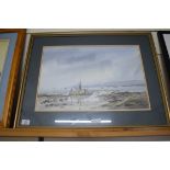 STUDY OF MOORED FISHING BOATS IN ESTUARY, WATERCOLOUR, UNSIGNED, FRAMED AND GLAZED, 71CM WIDE