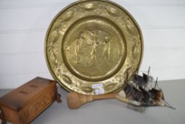 BRASS CHARGER DECORATED WITH ADAM AND EVE, A HORN MODEL OF A SHIP, SMALL WOODEN BOX ETC