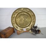 BRASS CHARGER DECORATED WITH ADAM AND EVE, A HORN MODEL OF A SHIP, SMALL WOODEN BOX ETC