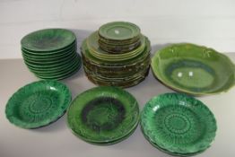 MIXED LOT: GREEN GLAZED VICTORIAN LEAF PLATE, QTY OF FRENCH GREEN GLAZED DINNER WARES