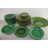 MIXED LOT: GREEN GLAZED VICTORIAN LEAF PLATE, QTY OF FRENCH GREEN GLAZED DINNER WARES