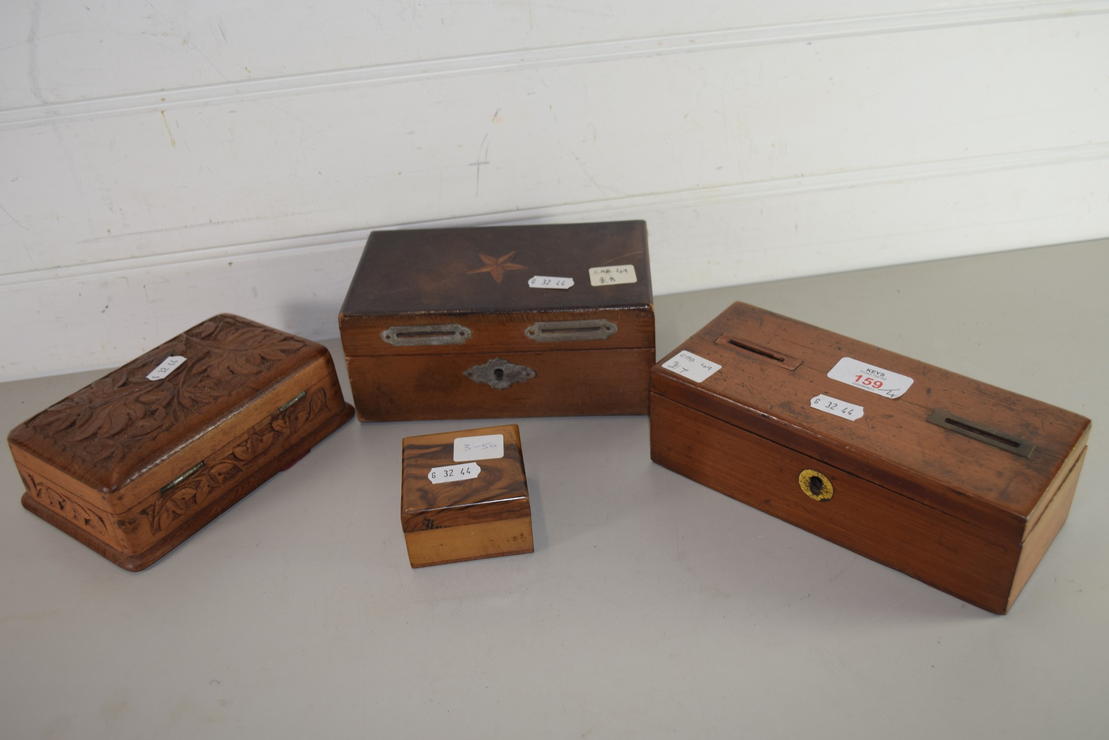 MIXED LOT: SMALL VINTAGE WOODEN MONEY BOX TOGETHER WITH TWO SMALL VINTAGE WOODEN MONEY BOXES PLUS