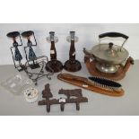 BOX OF MIXED WARES TO INCLUDE TURNED WOODEN CANDLESTICKS, WALL MOUNTED BRUSH, A LANDERS, FRARY &