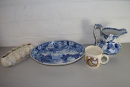 MIXED LOT: 19TH CENTURY BLUE AND WHITE OVAL DISH MARKED "PONTE ROTTO" (A/F), TOGETHER WITH A