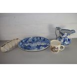 MIXED LOT: 19TH CENTURY BLUE AND WHITE OVAL DISH MARKED "PONTE ROTTO" (A/F), TOGETHER WITH A