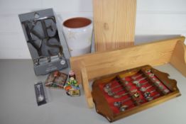 BOX OF MIXED WARES TO INCLUDE COLLECTORS SPOONS IN WOODEN RACK, PINE SHELVES ETC