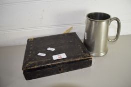 PEWTER TANKARD AND A BOX CONTAINING VARIOUS DRAWING INSTRUMENTS ETC