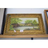 BRITISH SCHOOL NAÏVE STUDY, RIVERSIDE SCENE WITH BRIDGE, OIL ON BOARD, UNSIGNED, GILT FRAMED, 51CM