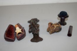 MIXED LOT: SMALL BRONZED METAL DOOR KNOCKER, A CHEROOT HOLDERS AND A TOBACCO PIPE BOWL FORMED AS A