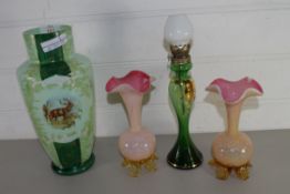 MIXED LOT OF COLOURED GLASS WARES COMPRISING BALUSTER VASE DECORATED WITH A STAG, A PAIR OF FLARED