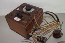 WOODEN CASED CRYSTAL RADIO WITH HEAD SET AND A FURTHER BEAD COVERED HORN (3)