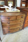 VICTORIAN MAHOGANY BOW FRONT CHEST OF TWO SHORT OVER THREE LONG DRAWERS WITH TURNED KNOB HANDLES,