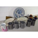 BOX OF MIXED WARES TO INCLUDE PEWTER TANKARDS, CROWN DEVON COFFEE CANS AND SAUCERS ETC