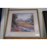 FRAMED PASTEL SIGNED JO WATERS, TITLED VERSO MOUNTAIN STREAM, APPROX 30 X 33CM