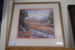 FRAMED PASTEL SIGNED JO WATERS, TITLED VERSO MOUNTAIN STREAM, APPROX 30 X 33CM