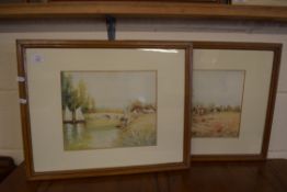 PAIR OF EARLY 20TH CENTURY BRITISH SCHOOL STUDIES, RIVER SCENE WITH BOATS AND HARVEST SCENE, BOTH