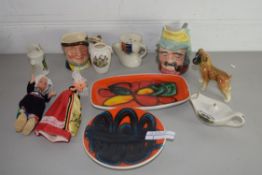 BOX MIXED CERAMICS TO INCLUDE POOLE POTTERY PIN DISHES, CRESTED CHINA WARES, CHARACTER JUGS,