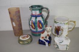 MIXED LOT: CROWN STAFFORDSHIRE PILL BOX, LIMOGES PILL BOX, ART GLASS VASE, STAFFORDSHIRE MODEL OF