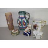 MIXED LOT: CROWN STAFFORDSHIRE PILL BOX, LIMOGES PILL BOX, ART GLASS VASE, STAFFORDSHIRE MODEL OF