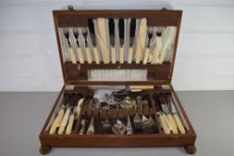 OAK CUTLERY CANTEEN CONTAINING A RANGE OF VARIOUS SILVER PLATED AND STEEL CUTLERY