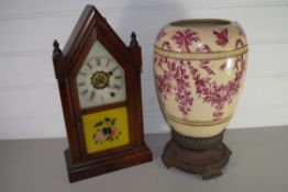MIXED LOT: VINTAGE ANSONIA WALL CLOCK TOGETHER WITH A VICTORIAN FLORAL DECORATED CERAMIC FORMER