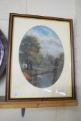 EARLY 20TH CENTURY BRITISH SCHOOL OVAL STUDY, RIVERSIDE SCENE, OIL ON BOARD, FRAMED AND GLAZED, 48CM