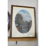 EARLY 20TH CENTURY BRITISH SCHOOL OVAL STUDY, RIVERSIDE SCENE, OIL ON BOARD, FRAMED AND GLAZED, 48CM