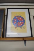 PETER MACKS, COLOURED PRINT, PEACE SYMBOL, FRAMED AND GLAZED, 55CM WIDE