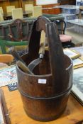 VINTAGE METAL BOUND WOODEN WELL BUCKET TOGETHER WITH THREE SICKLES