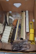 BOX OF MIXED ITEMS TO INCLUDE A RANGE OF ARCHITECTS RULERS, GLOVE STRETCHERS, DRAWING INSTRUMENTS,