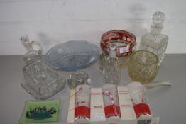 VARIOUS GLASS WARES TO INCLUDE DECANTER, BUTTER DISH, CONDIMENT BOTTLES ETC