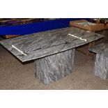 SUITE OF MODERN GREY MARBLE TABLES COMPRISING A LARGE PEDESTAL DINING TABLE, A SIMILAR COFFEE