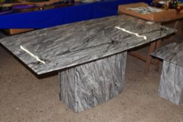SUITE OF MODERN GREY MARBLE TABLES COMPRISING A LARGE PEDESTAL DINING TABLE, A SIMILAR COFFEE