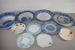 BOX OF BLUE AND WHITE BOWLS, MEAT PLATES ETC